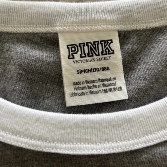 VS PINK Ringer Tee Gray With Black And White Plaid Logo Small - Picture 4 of 7